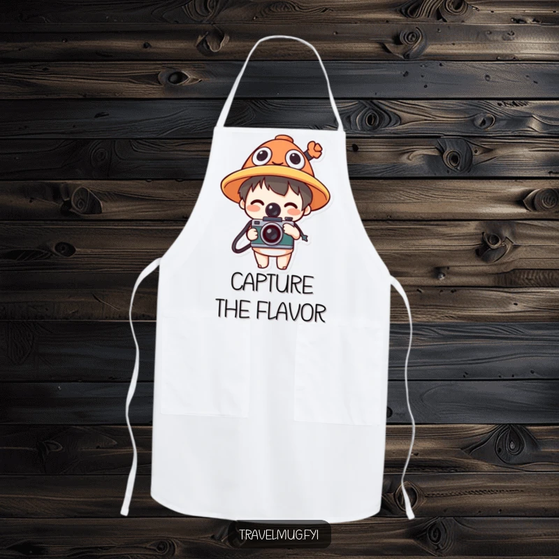 Funny apron with a character in a funny hat holding a camera, ideal for cooks with a passion for photography and humor.