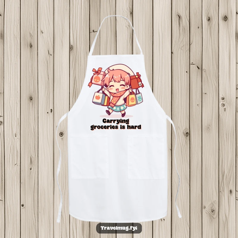 Funny apron showing a character juggling souvenir bags, perfect for a cook who loves to shop.