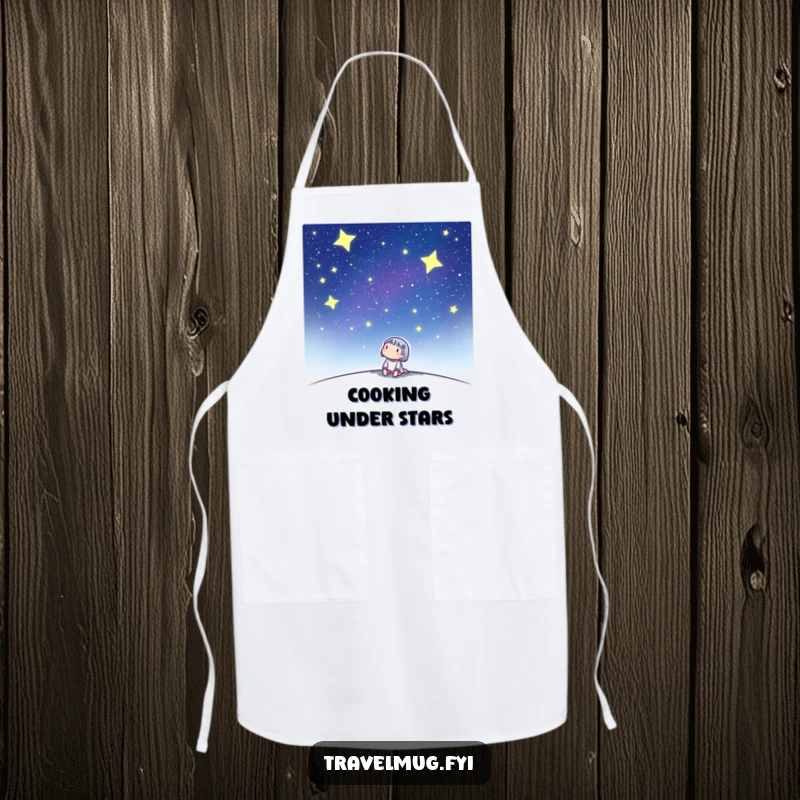 Funny apron depicting a cute character looking up at a starry night sky, ideal for a whimsical cook.