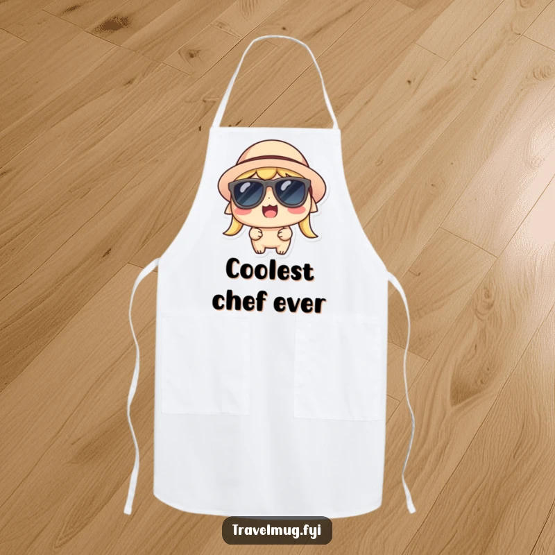 Funny Kawaii Apron, a cool character in sunglasses and a hat, looking thrilled for kitchen fun.