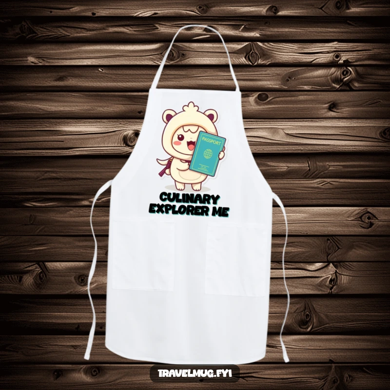 Funny Kawaii Apron, a cheerful character holding a passport, perfect for kitchen fun and travel themes.