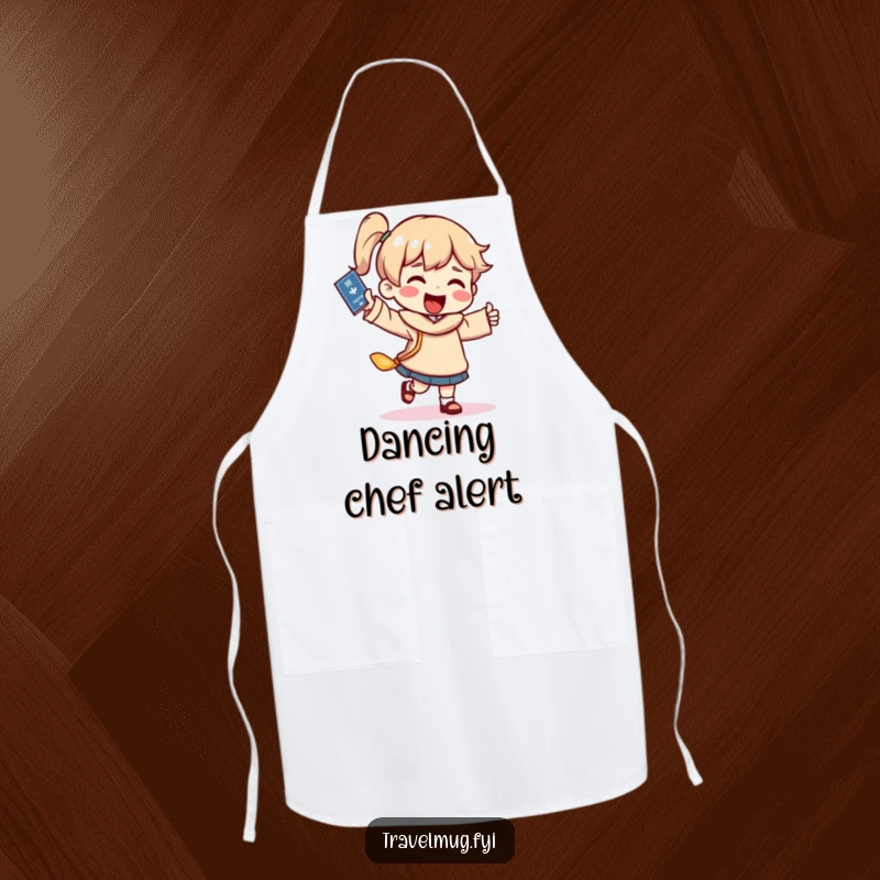 Funny travel dance apron, a character dancing with a passport, ideal for kitchen fun and travel enthusiasts.