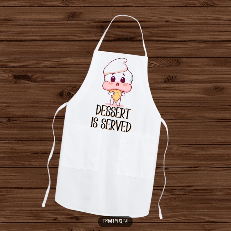 Funny apron showing a character’s shocked face as they hold a massive ice cream cone, ideal for kitchen humor and protection.
