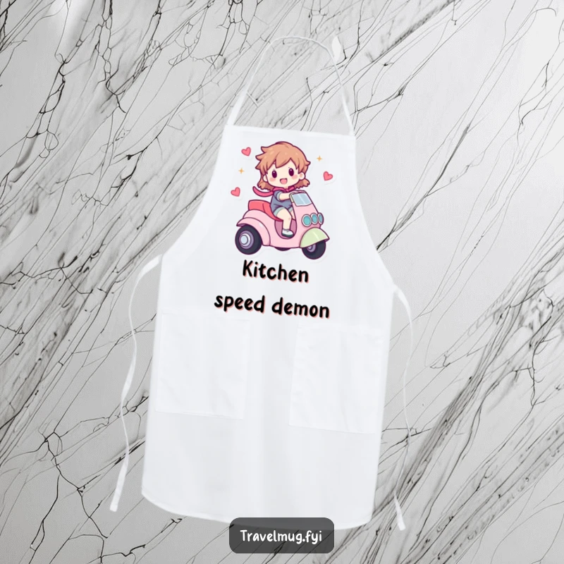 Funny apron with a character happily riding a small, whimsical vehicle, perfect for kitchen activities with a playful, adventurous touch.