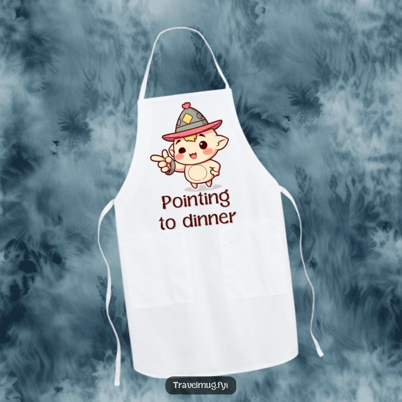Funny Apron: A character wearing a jaunty hat enthusiastically pointing forward, perfect for kitchen endeavors and goal-oriented cooking.