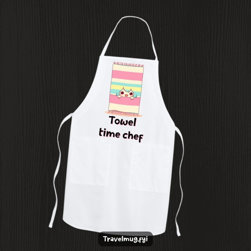 Funny beach day apron, a character peeking from a striped beach towel, ideal for beach-themed cooking fun.