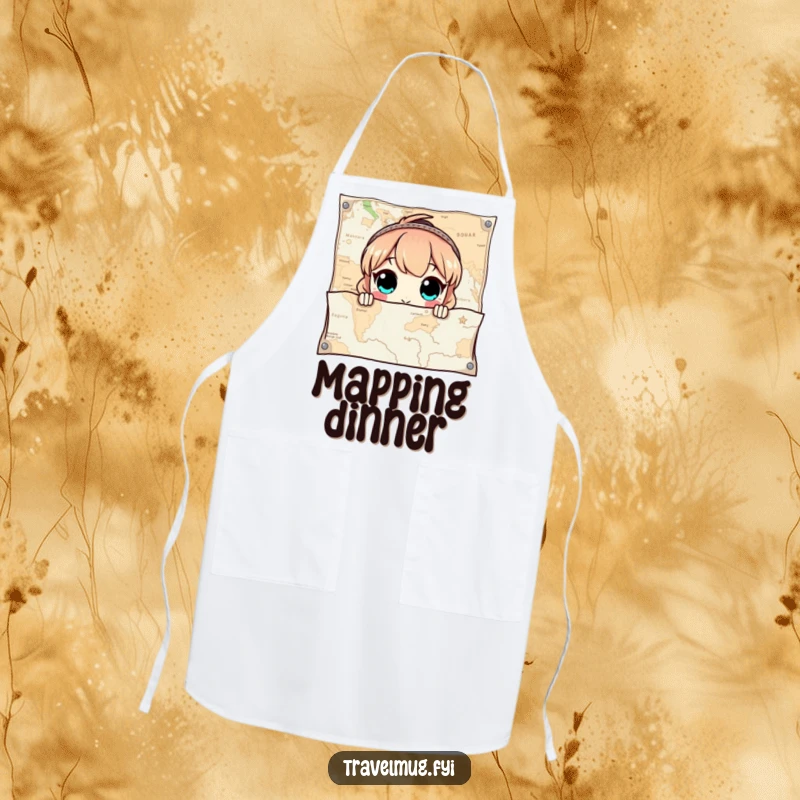 Funny Apron featuring a character with wide eyes peeking out from behind a giant map, perfect for culinary exploration.