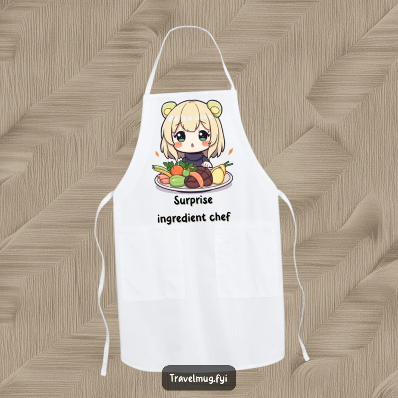 Funny Apron: A character looking surprised at exotic food, designed to bring humor and curiosity to the kitchen.