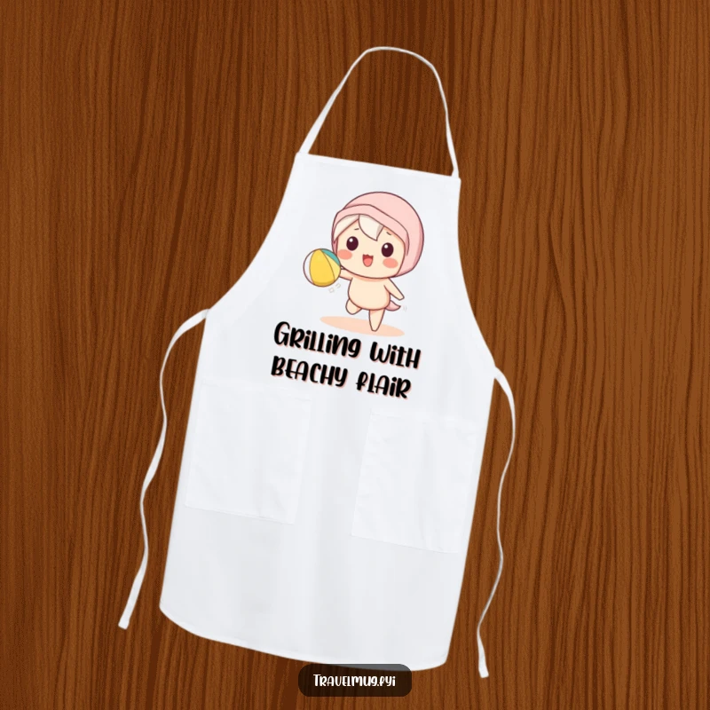Funny Kawaii character apron depicting a cute character playfully tossing a beach ball, great for kitchen use and summer fun.