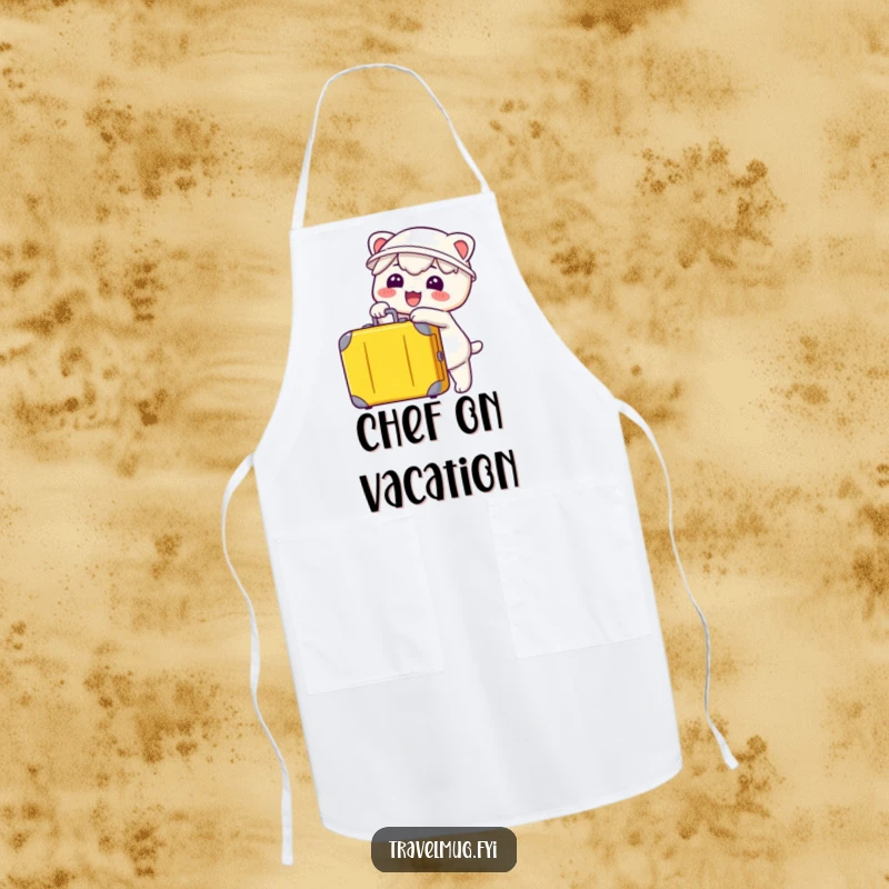 Funny Kawaii Apron, a cheerful character pointing at a travel suitcase, perfect for kitchen adventures.