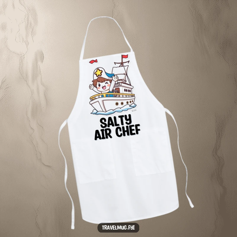 Funny Apron: A happy character waves goodbye from a departing ship, ready for a culinary voyage.