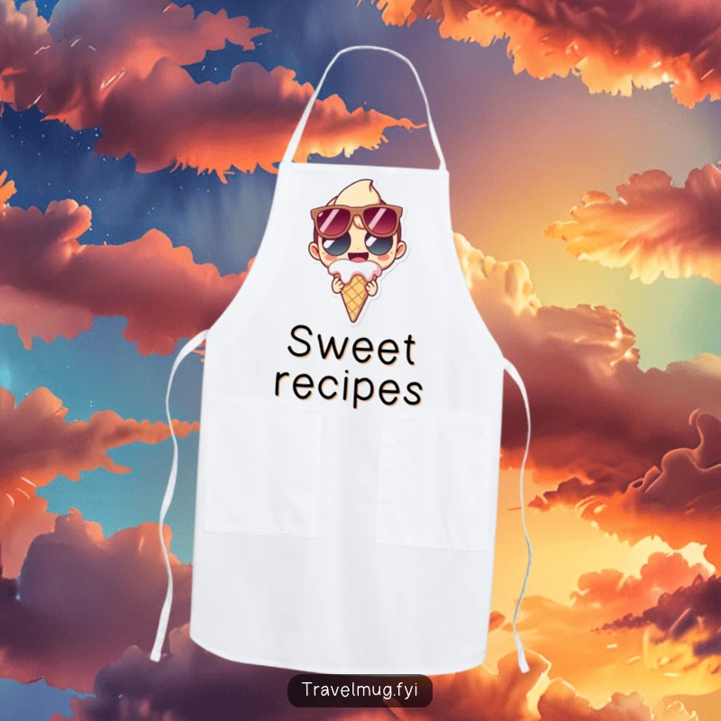 Funny Apron featuring a character in oversized sunglasses grinning while holding a melting ice cream cone, perfect for messy kitchen fun.
