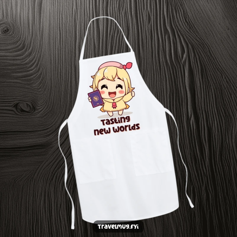 Funny apron with a character holding a passport and big smile, ready for travel and culinary adventures, a humorous chef's gift.