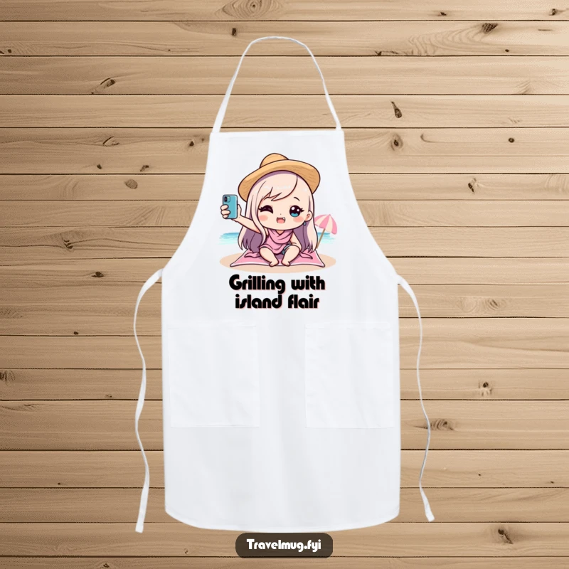 Funny kawaii character taking a selfie on a beach printed on a kitchen apron, adding humor and charm to cooking and baking tasks.