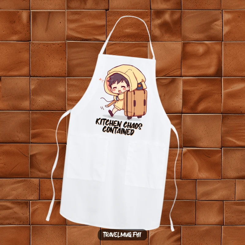 Funny apron shows a character comically struggling with an overflowing suitcase, bringing kitchen humor and preparedness.