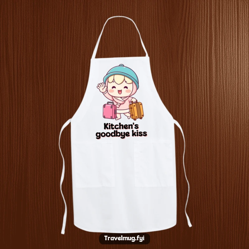 Funny Apron displaying a kawaii character waving goodbye cheerfully while holding a suitcase, ideal for kitchen fun and travel enthusiasts.