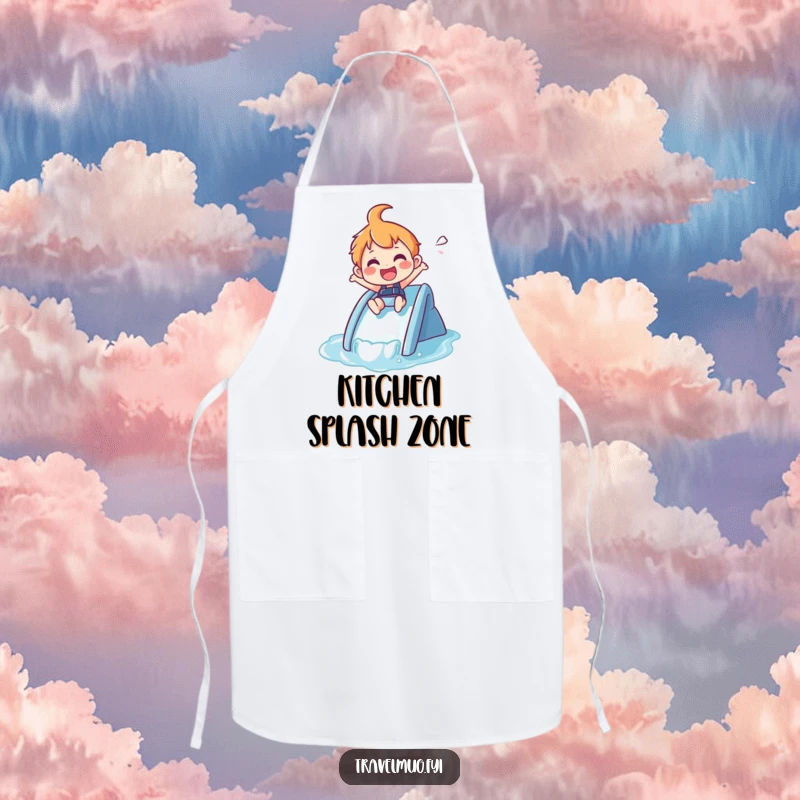 Funny Apron: A joyful character zips down a small waterslide, ready for a culinary splash.