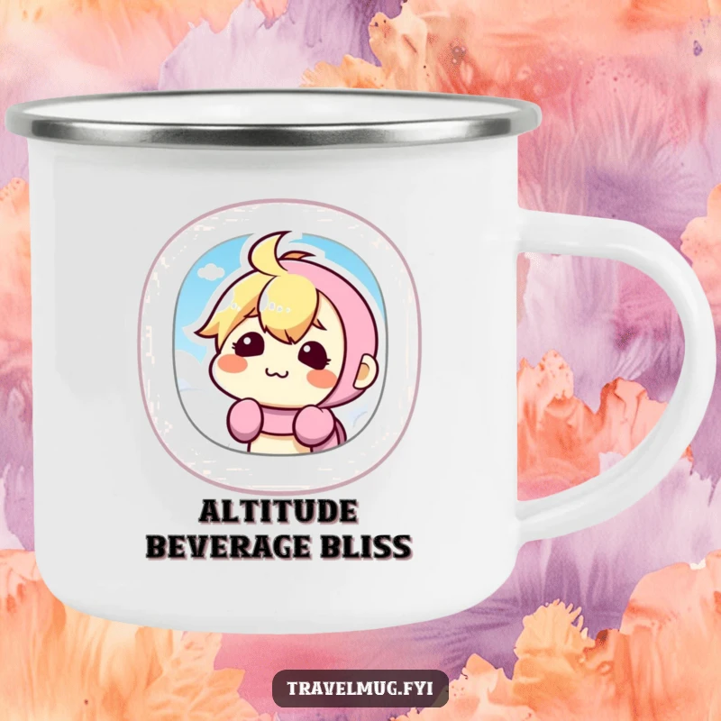 Funny Camping Mug with a kawaii character making a silly face from an airplane window, perfect for travel-themed outdoor fun.