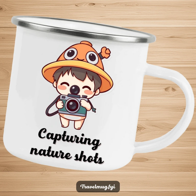 Funny camping mug showcasing a character in a funny hat holding a camera, perfect for outdoor photography and humor.