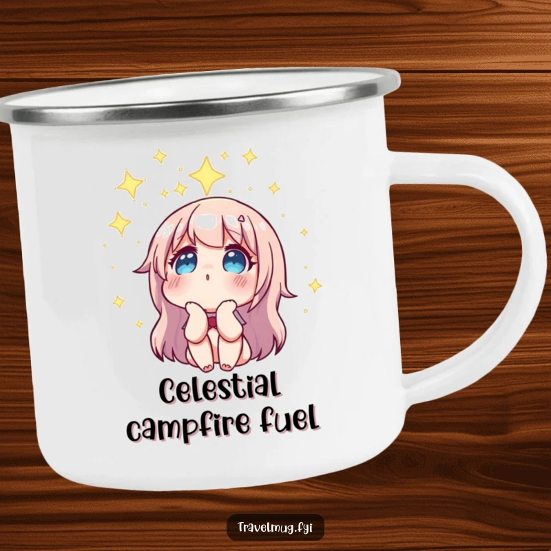 Funny camping mug featuring a character gazing at a constellation, a durable and humorous mug for cosmic explorers.