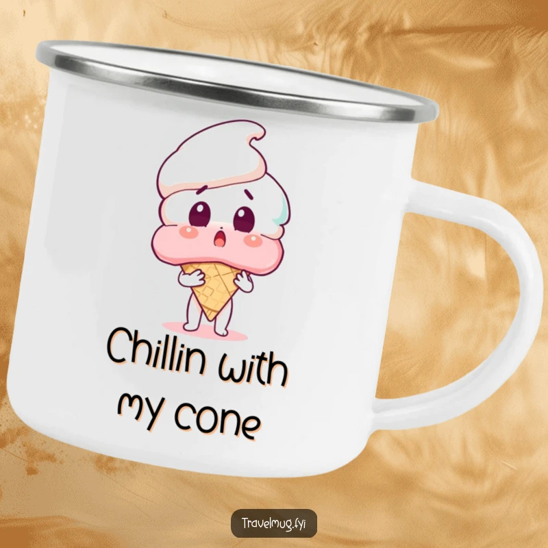 Funny camping mug illustrating a surprised character holding a massive ice cream cone, perfect for outdoor humor and enjoying drinks.