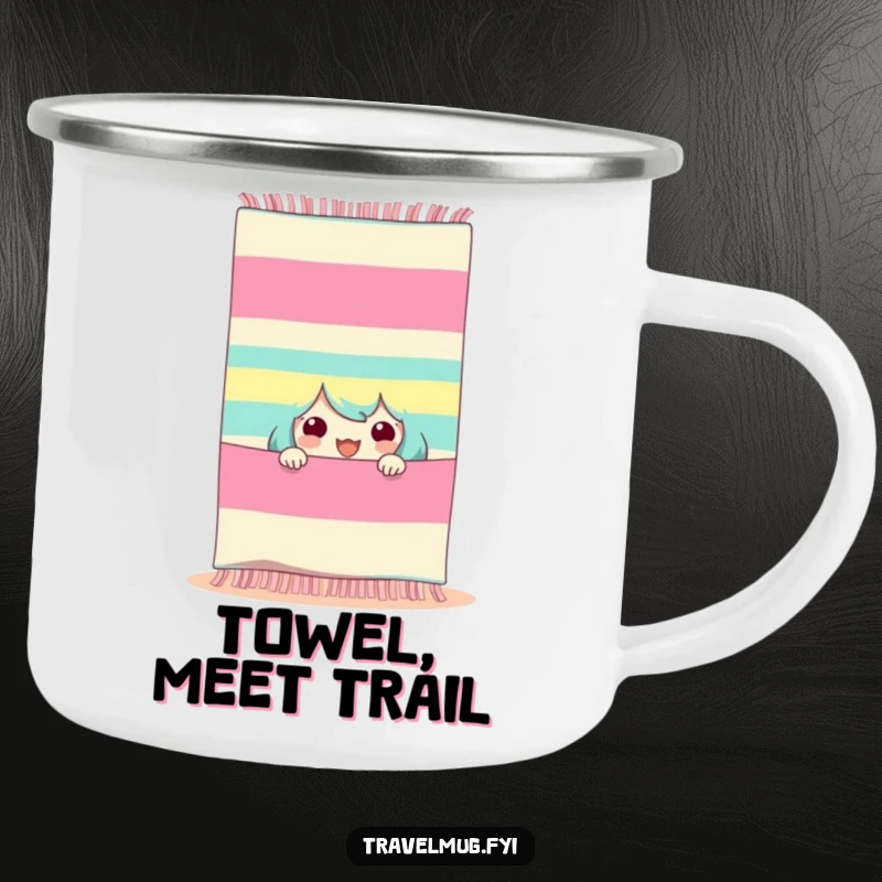 Funny beach towel camping mug, a character peeking from a striped beach towel, perfect for outdoor drinks with humor.