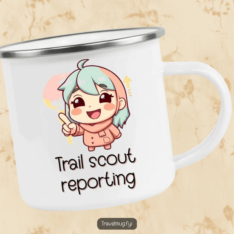 Funny Camping Mug: A smiling character points at a map with glee, ready for outdoor exploration.