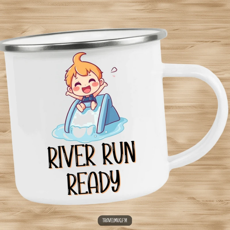 Funny Camping Mug: A joyful character zips down a small waterslide, ready for outdoor fun.