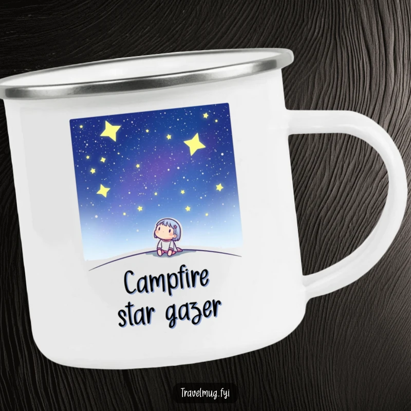 Funny camping mug with a cute character looking up at a starry night sky, designed for outdoor enthusiasts and stargazers.
