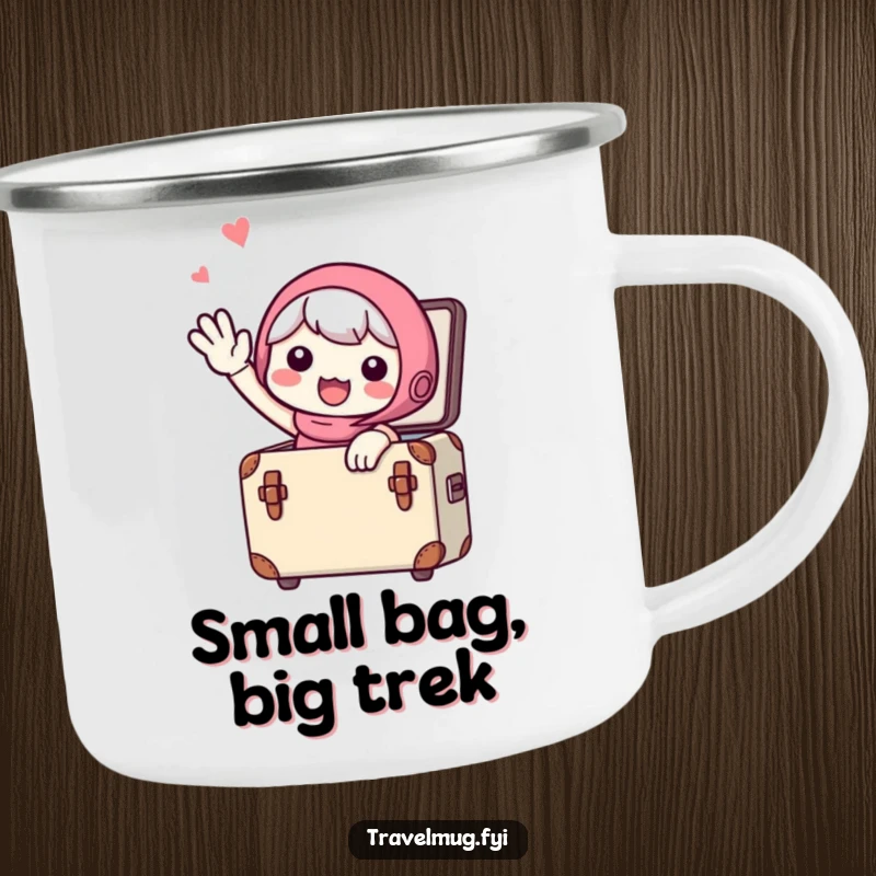 Funny Camping Mug: A cute character waving goodbye from a small suitcase, ready for outdoor adventures, durable and humorous.