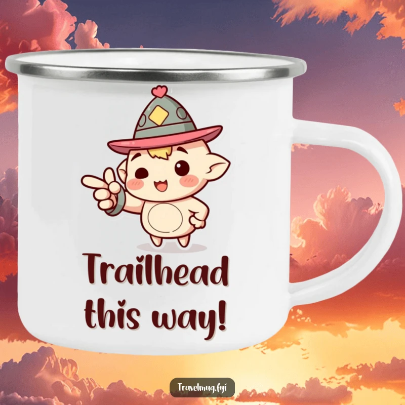 Funny Camping Mug: A character wearing a jaunty hat enthusiastically pointing forward, perfect for outdoor motivation and warm drinks.