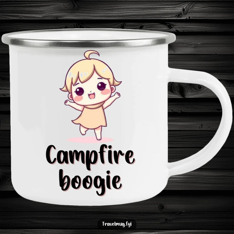 Funny camping mug featuring a cute character doing a happy dance, designed to spread cheer during outdoor excursions.