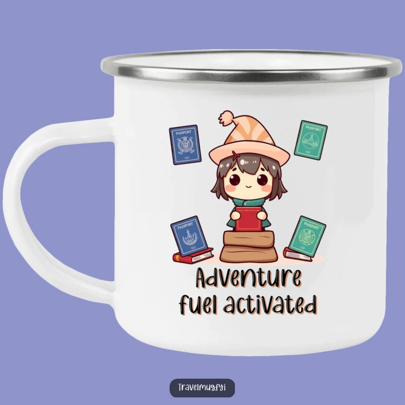 Funny Expedition Camp Mug: Character with passports, a rugged funny gift for adventurers.