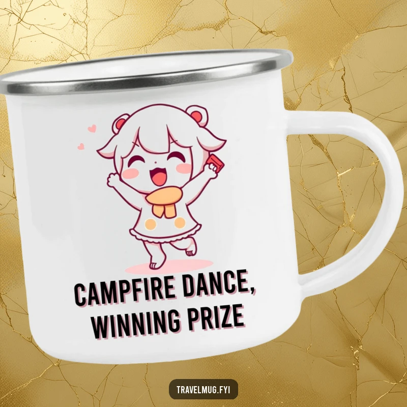 Funny Kawaii character camping mug depicting a cute character doing a happy dance with a souvenir, great for outdoor use.