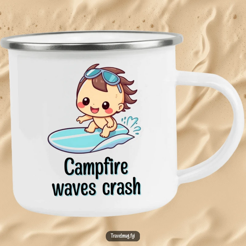 Funny Kawaii Camping Mug, a happy character grinning on a surfboard, ready for outdoor beach fun.