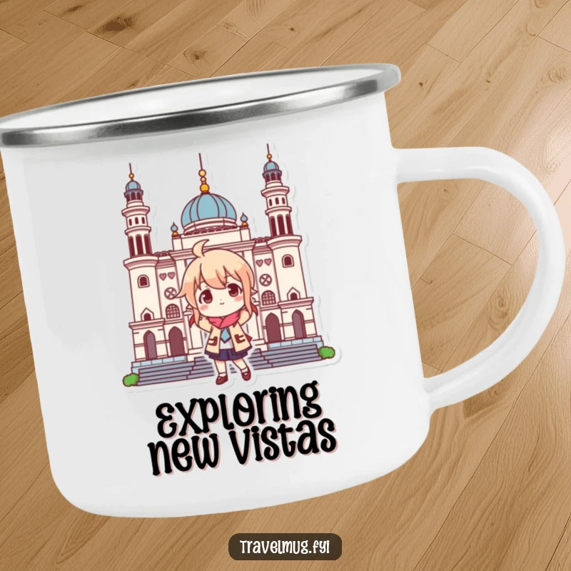 Funny camping mug showcasing a character playfully posing at a landmark, perfect for outdoor enthusiasts and travel humor.