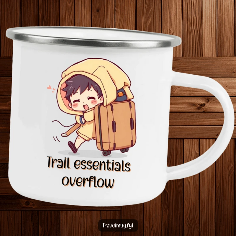 Funny camping mug depicts a character comically dealing with an overflowing suitcase, perfect for outdoor humor.