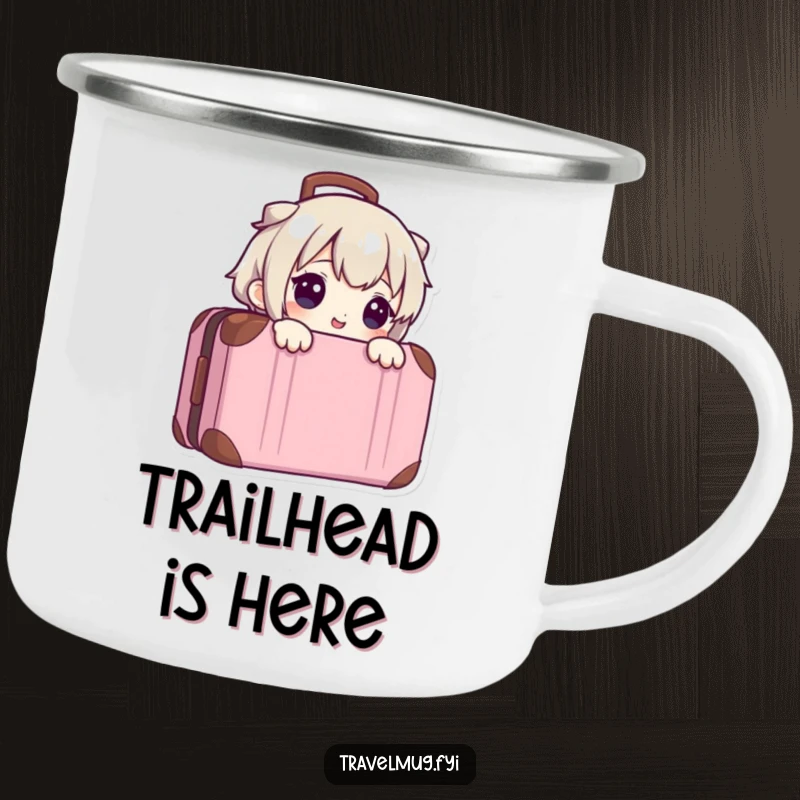 Funny camping mug with a character peeking from a suitcase, designed for adventurers and lovers of humorous outdoor gear.