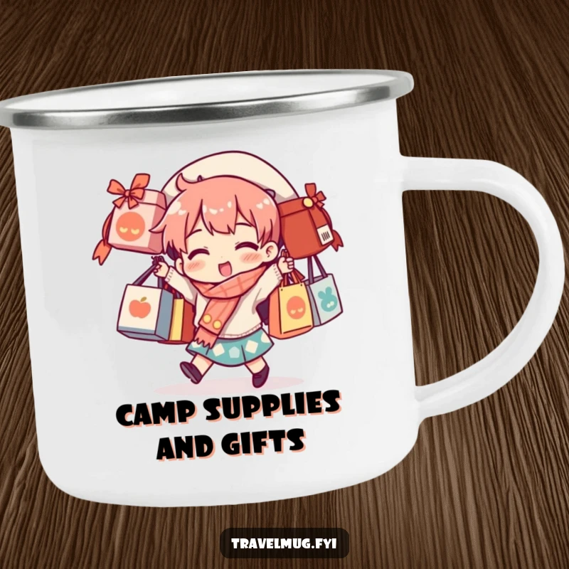 Funny camping mug featuring a character balancing souvenir bags, perfect for outdoor enthusiasts and shoppers.