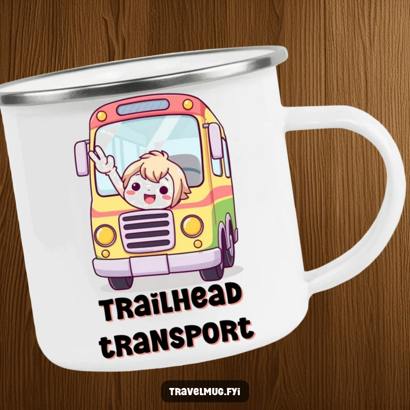 Funny camping mug showing a cute character enthusiastically hailing a whimsical, colorful bus.
