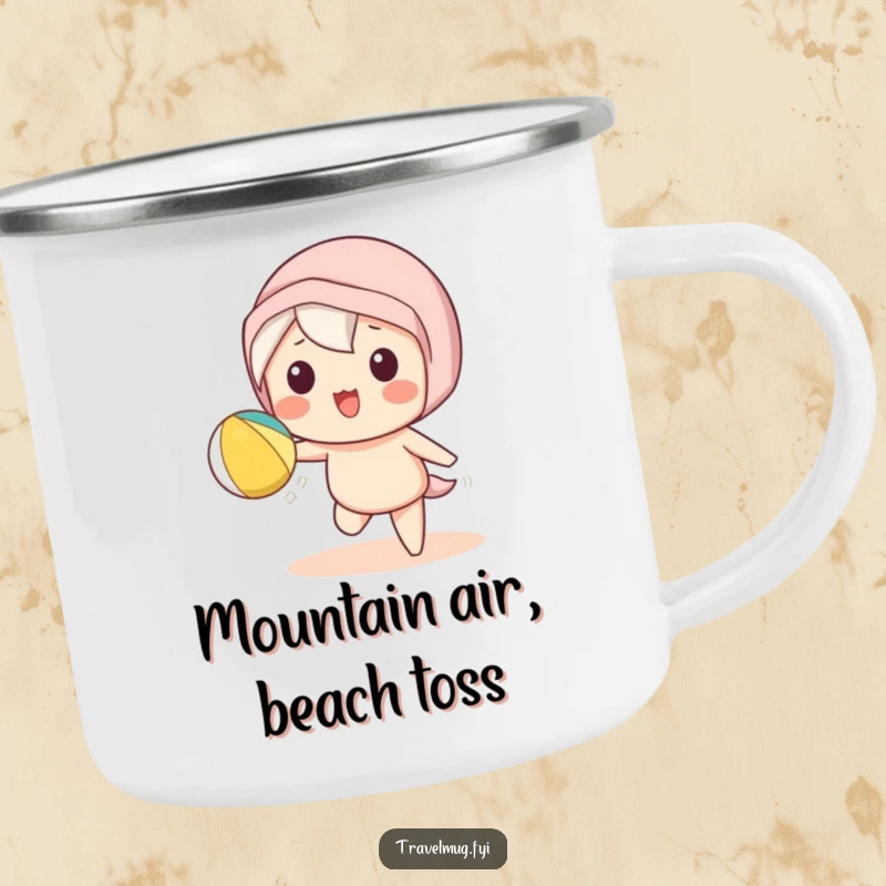 Funny Kawaii character camping mug depicting a cute character playfully tossing a beach ball, great for outdoor use.