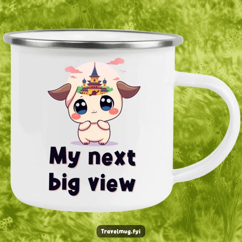 Funny camping mug featuring a wide-eyed kawaii character gazing at a colorful, distant landmark, blending outdoor fun with humor.