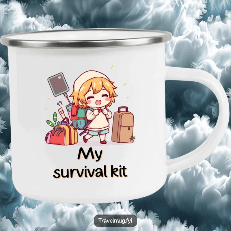 Funny camping mug with a character gleefully packing a backpack full of comical items, blending outdoor fun with humor.