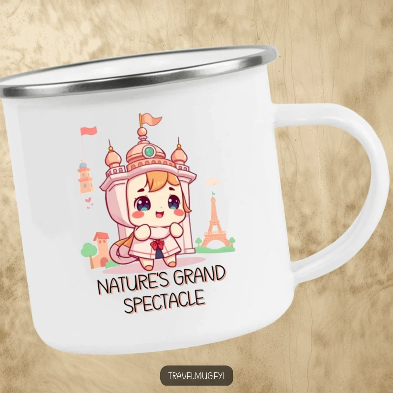 Funny camping mug featuring a cute character looking with awe at a landmark, designed for outdoor enjoyment and travel themes.