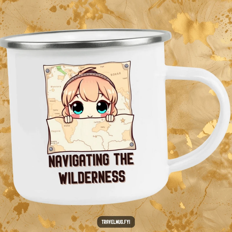 Funny Enamel Camping Mug showing a character with wide eyes peeking out from behind a giant map, perfect for outdoor exploration.