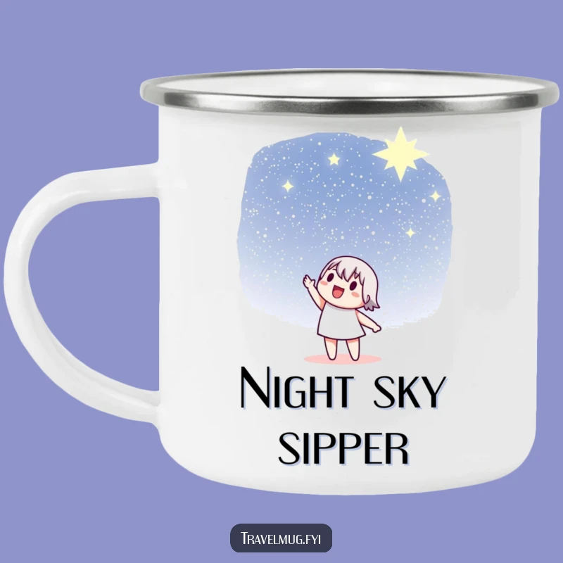 Funny Night Sky Camp Mug: Character pointing at stars, a rugged funny gift for stargazers.