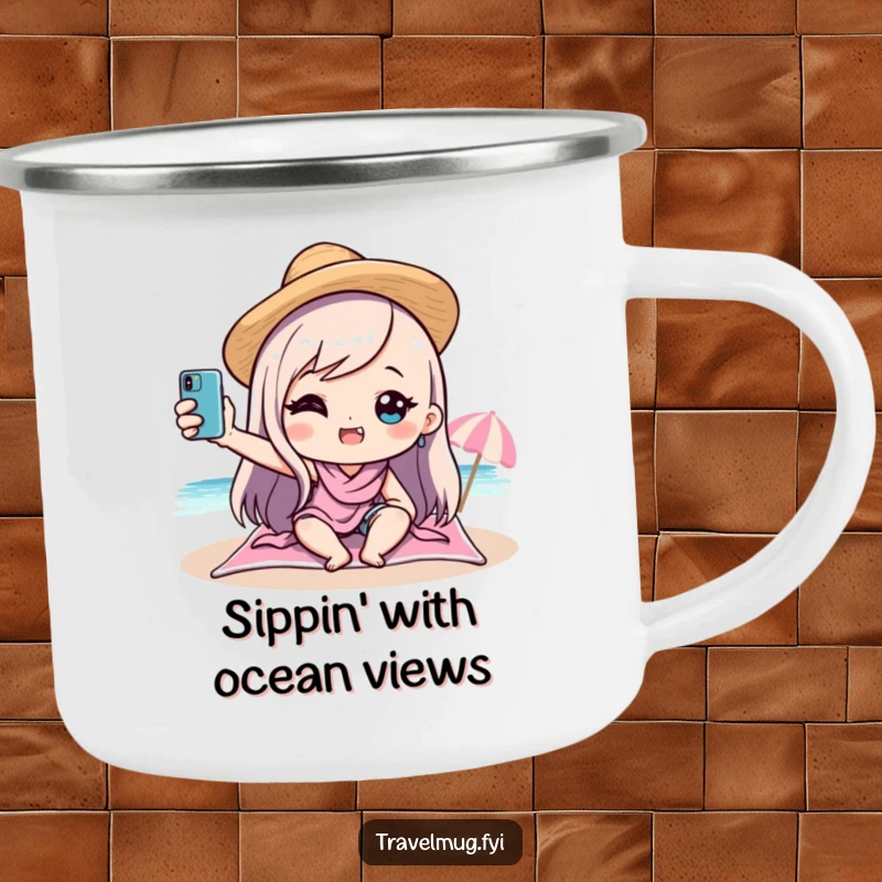 Funny kawaii character taking a beach selfie on a durable camping mug, perfect for outdoor adventures and adding humor to your drink.