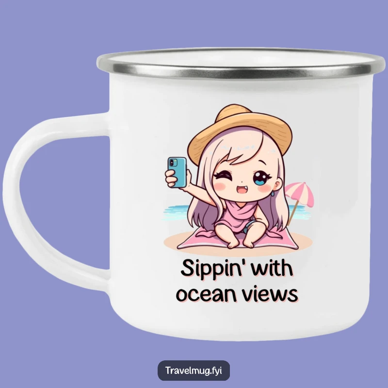 Funny Kawaii Beach Selfie Camping Mug: Adventure Fuel with Hilarious Vibes, Perfect Gift