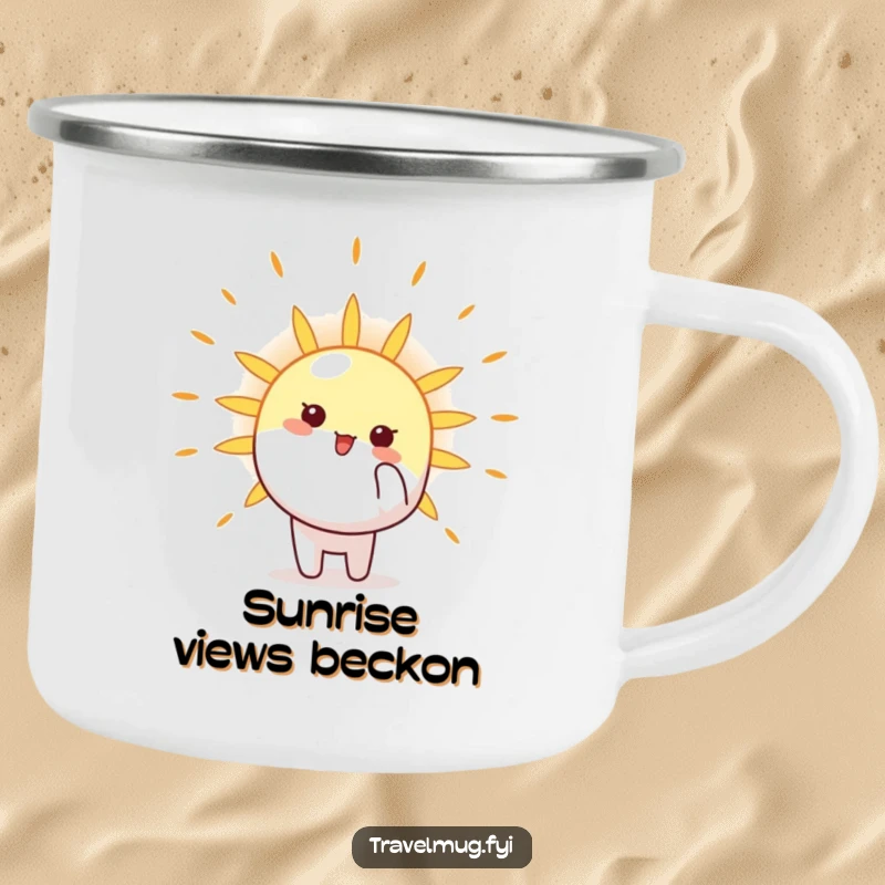 Funny Camping Mug with a happy character pointing towards a bright sun, ideal for enjoying drinks outdoors with a cheerful spirit.
