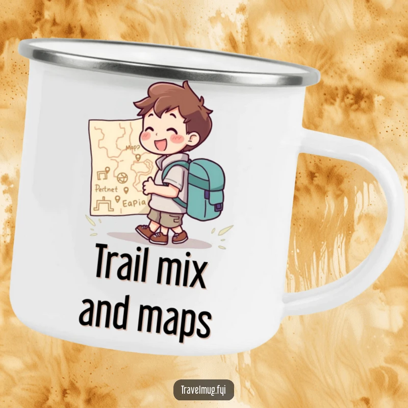 Funny Camping Mug: A character with a backpack joyfully looking at a giant map, perfect for outdoor planning and warm drinks.